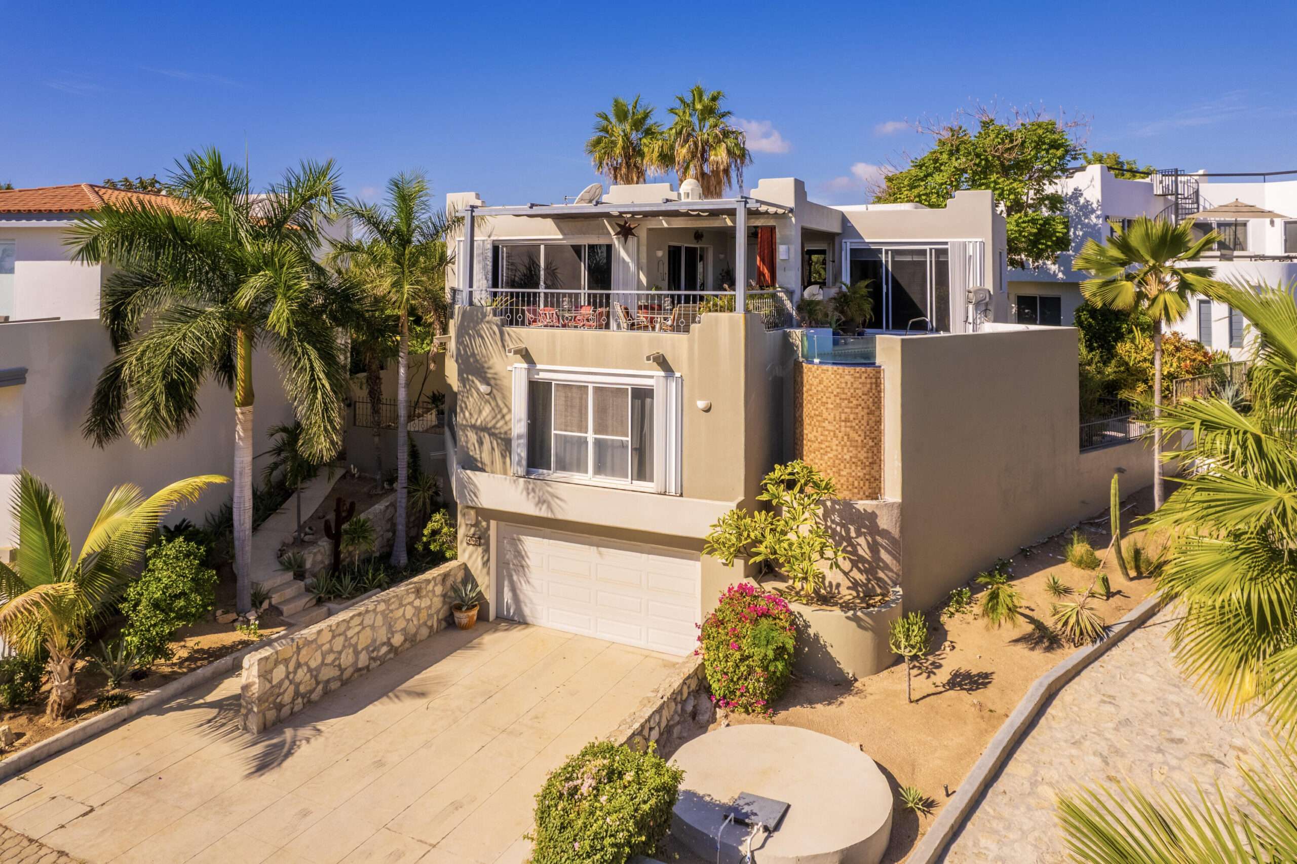 Los Cabos Santa Carmela Casa Caniche is situated in the beautiful, oceanside community of Santa Carmela on the Cabo Corridor. This charming two story home features three bedrooms, three baths, attached garage and a great yard for pets. Santa Carmela amenities include tennis, pickleball, beach front Casa Club with infinity pool, BBQ area, firepit and amazing ocean for sale