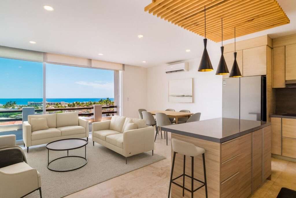 Los Cabos Veranda Residences Imagine a boutique community experience with resort amenities VERANDA offers you 18 condo units. 2 towers of 9 units each; three per level. 2 and 3 Bedroom layouts, with double height ceilings. Upscale finishes including: Marble floorings, Granite countertops, Solid wood carpentry in kitchen, doors, closets and bathroom cabinetries. Pocket door.Appliances included: microwave, 6-burner gas range, oven, dishwasher, sink with faucet, water heater and AC mini splits in bedrooms and living space. Garden Level units with Private Patio. Penthouses have Private Rooftop Terrace, including Marble flooring, Grill, Bar, Pergola and Half Bathroom.Community amenities: pool and jacuzzi, guest bathrooms, grill and bar, picnic area, kids area, gym, elevators, guests parking. – 702 Paseo de Las Misiones, San Jose del Cabo, BS