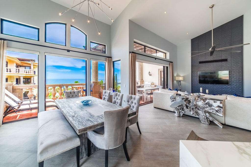 Los Cabos Puerta Del Sol-Cdsol Perched to capture sweeping ocean vistas, undoubtably THE MOST ATTRACTIVE & fully updated and remodeled 3-bedroom condo offers a rare blend of luxury, comfort, and elevated design. Vaulted ceilings create a dramatic sense of space and light, while the open-concept layout seamlessly connects the expansive living and dining areas to a generous outdoor terrace--perfect for entertaining or simply soaking in the endless blue horizon.Thoughtfully redesigned, the residence features upgraded finishes throughout, including modernized kitchen and baths, enhanced air conditioning, and high-quality doors and windows built for both style and durability. Each bedroom is well-proportioned, with the primary suite offering a private retreat complete with serene for sale