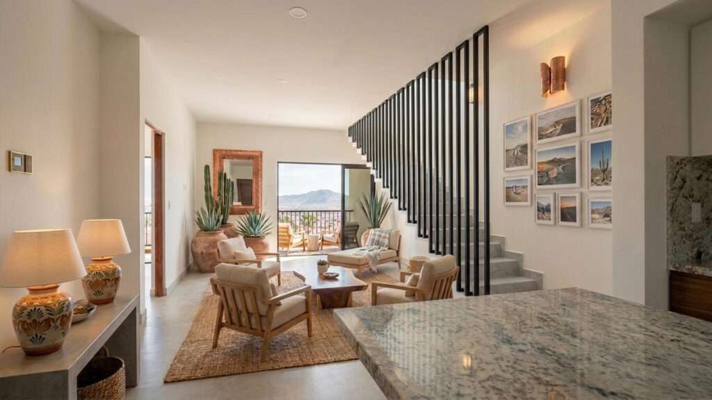 Los Cabos Brisas Del Tezal Ready for delivery! Brisas del Tezal Penthouse featuring 2 bedrooms and 2 1/2 bathrooms in an exclusive low-density community of 36 units across two 4-story elevator buildings. Located minutes from Medano Beach and downtown Cabo. Showcases excellent construction quality and craftsmanship from the developer, including parota wood carpentry and a large, solid front door. Features large-format tile flooring throughout, spacious balcony, granite countertops and backsplash in the kitchen, bathrooms with marble showers to the ceiling, wall-to-wall closets, and a laundry room with space for side-by-side washer and dryer and storage. Equipped with 1-ton A/C mini-splits in each bedroom and two in the living area.Private rooftop terrace with interior access, pergola, jacuzzi for 6 sink with storage, half bath, and lighting. Enjoy panoramic ocean, El Arco, mountain, sunset, and city – Ocean View Penthouse, Cabo Corridor, BS
