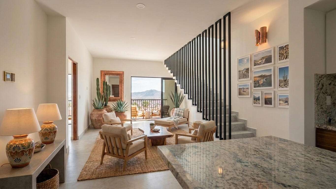 Los Cabos Brisas Del Tezal Ready for delivery! Brisas del Tezal Penthouse featuring 2 bedrooms and 2 1/2 bathrooms in an exclusive low-density community of 36 units across two 4-story elevator buildings. Located minutes from Medano Beach and downtown Cabo. Showcases excellent construction quality and craftsmanship from the developer, including parota wood carpentry and a large, solid front door. Features large-format tile flooring throughout, spacious balcony, granite countertops and backsplash in the kitchen, bathrooms with marble showers to the ceiling, wall-to-wall closets, and a laundry room with space for side-by-side washer and dryer and storage. Equipped with 1-ton A/C mini-splits in each bedroom and two in the living area.Private rooftop terrace with interior access, pergola, jacuzzi for 6 sink with storage, half bath, and lighting. Enjoy panoramic ocean, El Arco, mountain, sunset, and city for sale