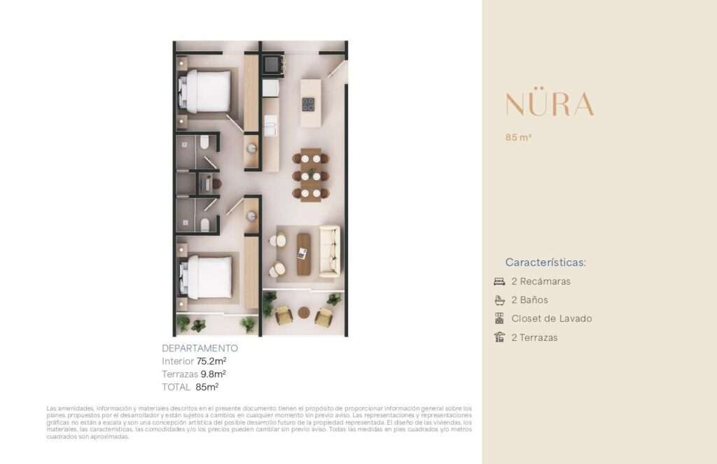Los Cabos Nahara Cabo Living Discover this exclusive 2-bedroom residence at Nahara Cabo Living. Offering 85 m² total, including 75.2 m² of interior living space and 9.8 m² of terraces, this thoughtfully designed unit features a functional layout, abundant natural light, two private terraces, a laundry closet, elevator access, and high-end finishes throughout.Residents enjoy resort-style amenities including a clubhouse with gym, hotel-style guest suites, swimming pools, paddle and pickleball courts, fire pit areas, panoramic – NURA NAHARA CABO LIVING, Cabo Corridor, Cabo Corridor, BS